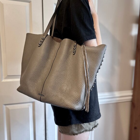 Rebecca Minkoff Oversized Gray Pebble Leather Studded Slouchy Shoulder Tote Bag - Picture 1 of 13